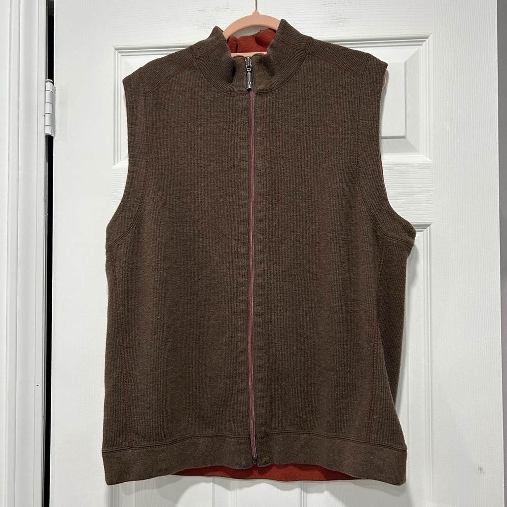 Tommy Bahama Men's Large Brown Orange Sweater Vest Reversible Full Zip EUC